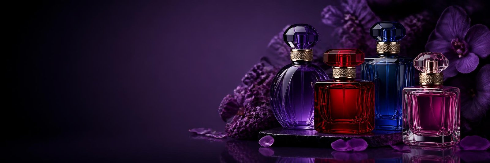 Colour Me fragrance collection in purple, red, blue and pink