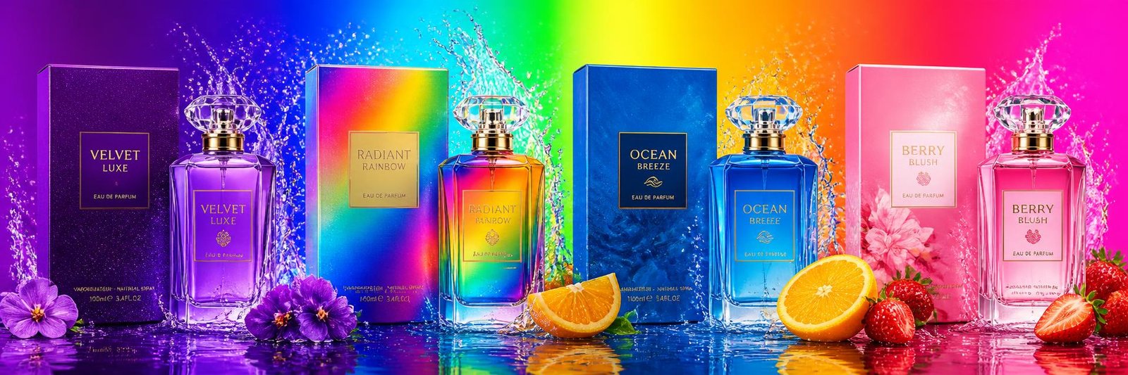 Full collection of Colour Me perfumes with water splash and fruit